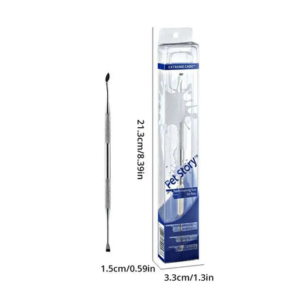 Pet Story dual-ended metal dog dental cleaner tool with measurements in clear packaging