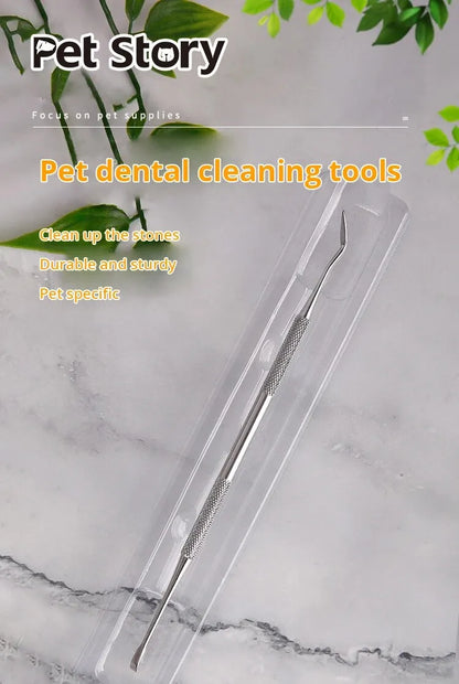 Pet Story stainless steel pet dental cleaning tool in clear plastic case on marble surface with green leaves