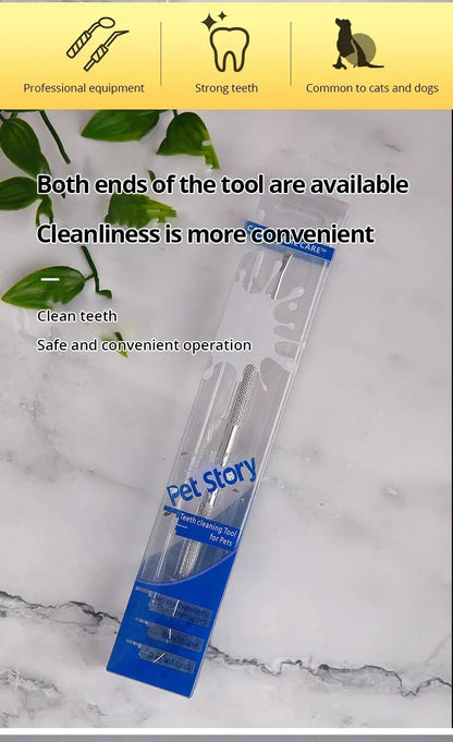 Pet Story dual-ended stainless steel teeth cleaning tool packaged on marble surface with green leaves