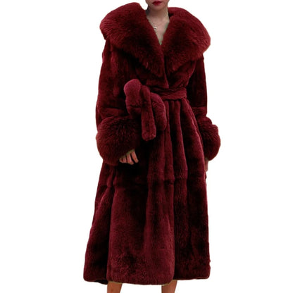 Luxurious deep red faux fur trench coat with wide collar, belted waist, and plush cuffs on model