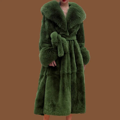luxury green faux fur trench coat with wide collar and belted waist on model