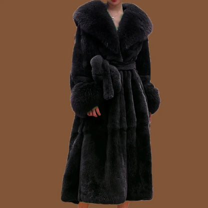 Luxury black faux fur trench coat with large collar and cuffs, belted waist, elegant winter outerwear