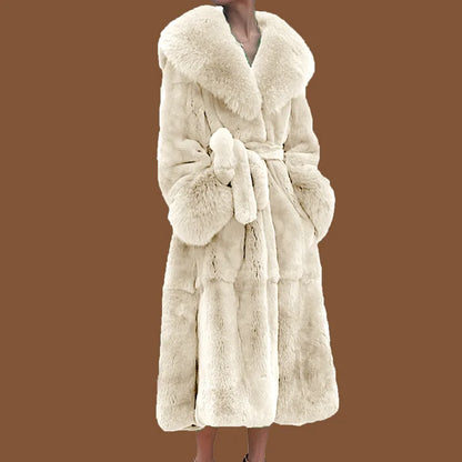 Luxury beige faux fur trench coat with wide collar and belted waist on model