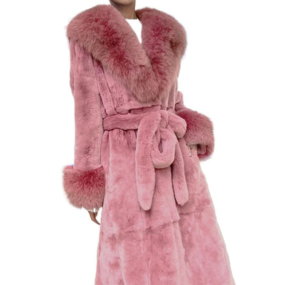 Luxury pink faux fur trench coat with wide collar and cuffs, belted waist, elegant winter outerwear