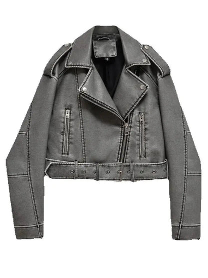 Luxury gray faux leather biker jacket with zipper pockets and belted waist on white background