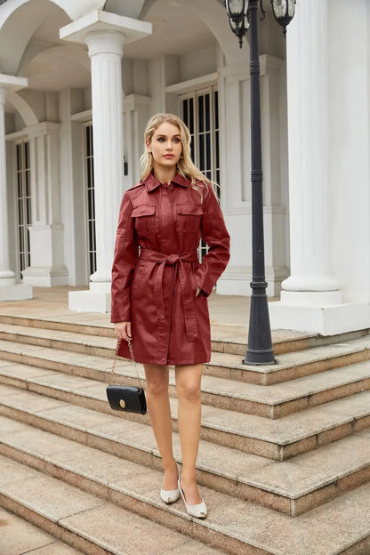 Luxury Red Leather Trench Coat