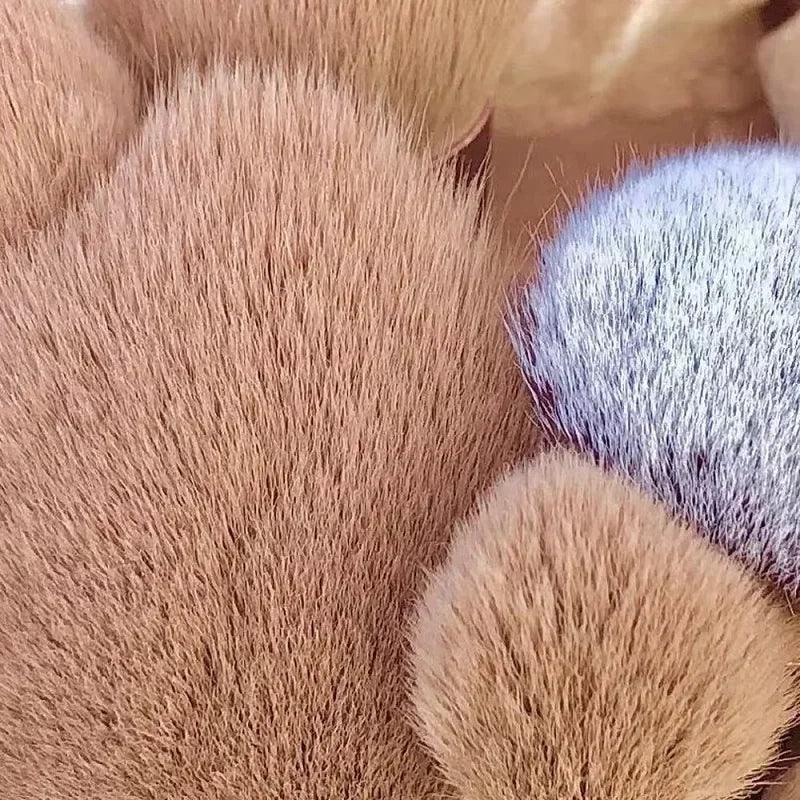 Close-up of luxury makeup brush set with dense, soft bristles in neutral and light tones