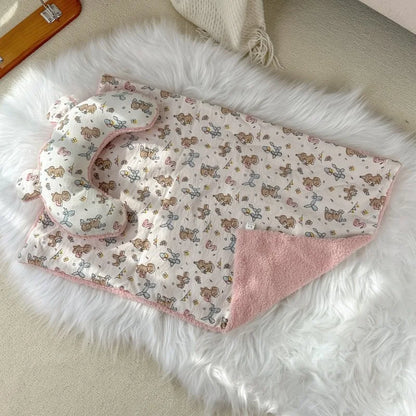 Luxury soft pet blanket and matching pillow set with cute teddy bear and balloon print on white faux fur surface
