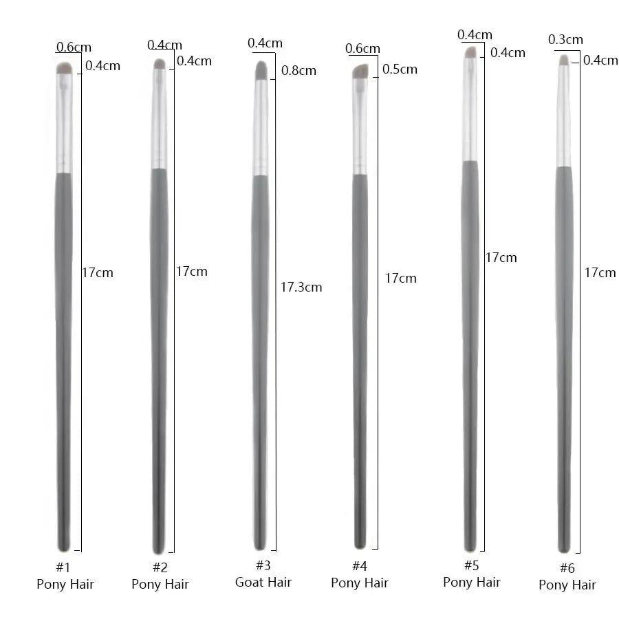 Set of luxury pony hair and goat hair eyeshadow brushes with size measurements