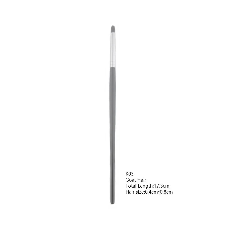 Luxury pony hair eyeshadow brush with slim handle, K03 goat hair, white background.