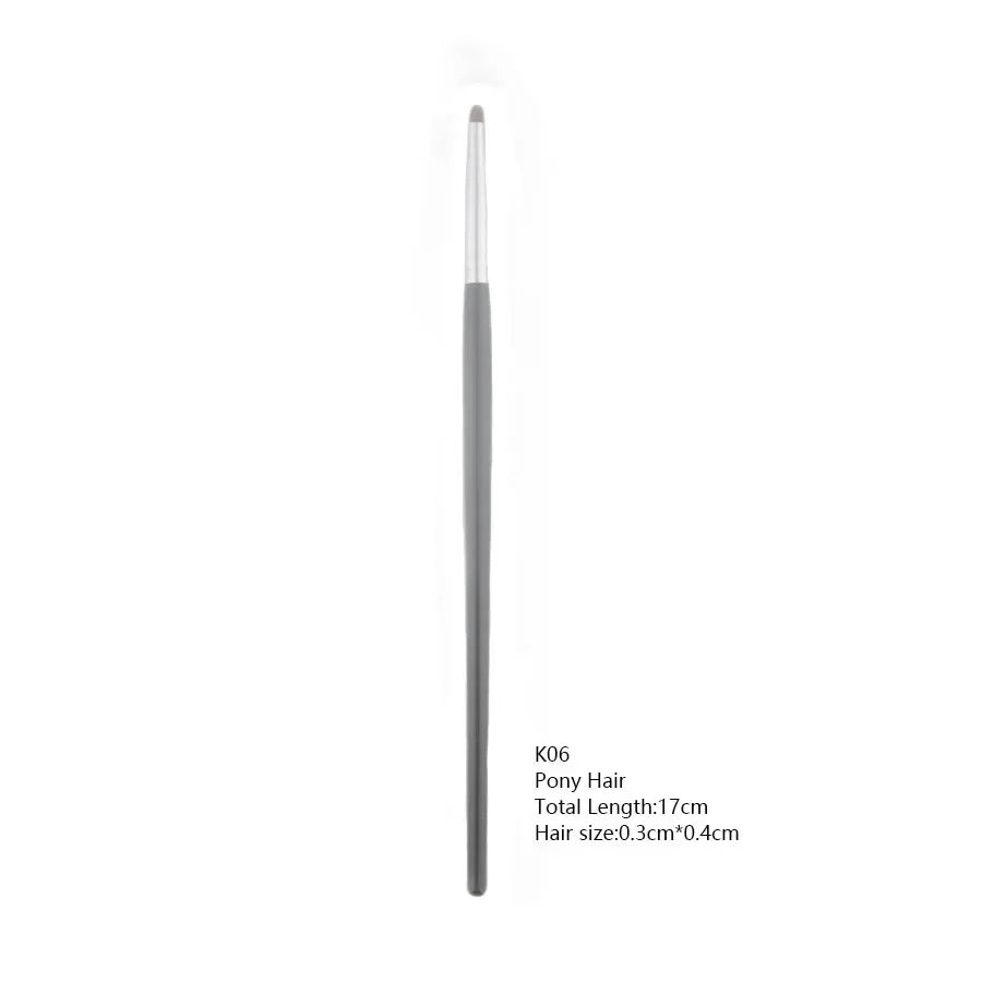 Luxury pony hair eyeshadow brush with grey handle on white background, length 17cm