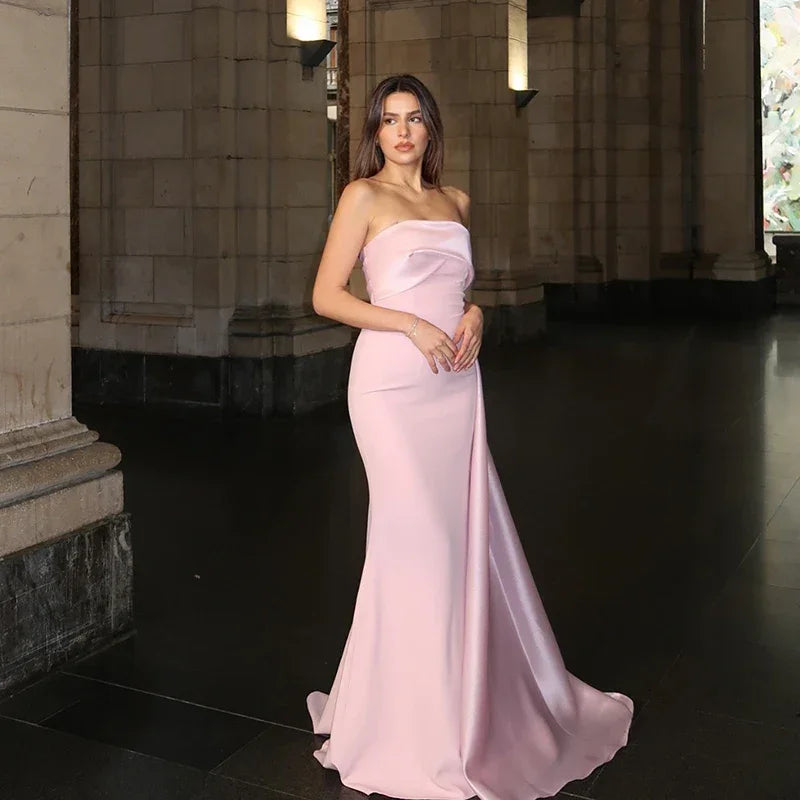 Luxury Strapless Pink Satin Dress