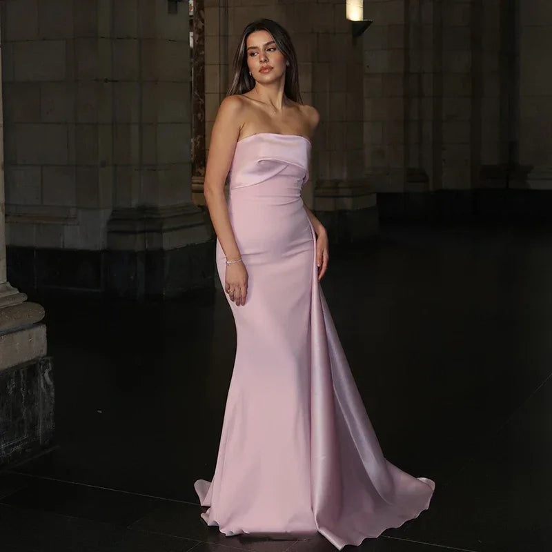 Luxury Strapless Pink Satin Dress