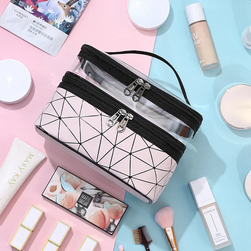 Luxury travel cosmetic organizer bag with geometric pattern surrounded by makeup products