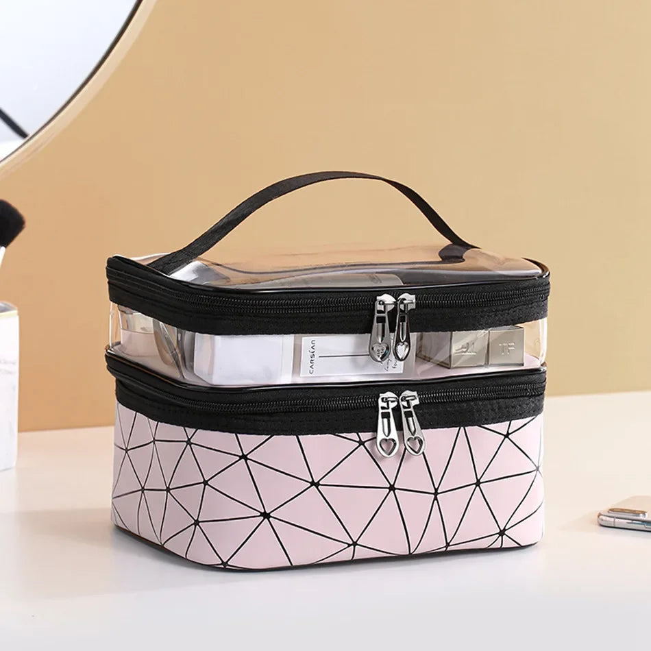 Luxury pink geometric travel cosmetic organizer bag with clear top on vanity table