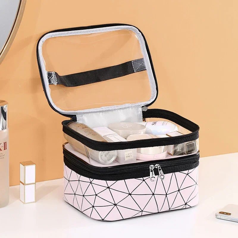 Luxury travel cosmetic organizer bag with geometric pattern, open and filled with beauty products