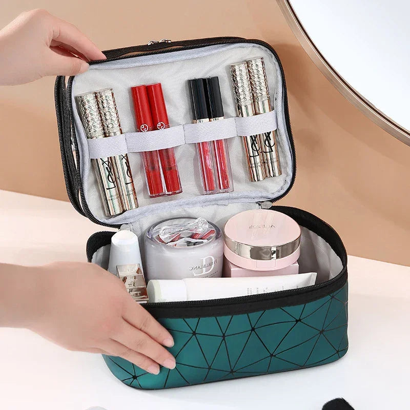 Luxury travel cosmetic organizer bag with makeup products and geometric design