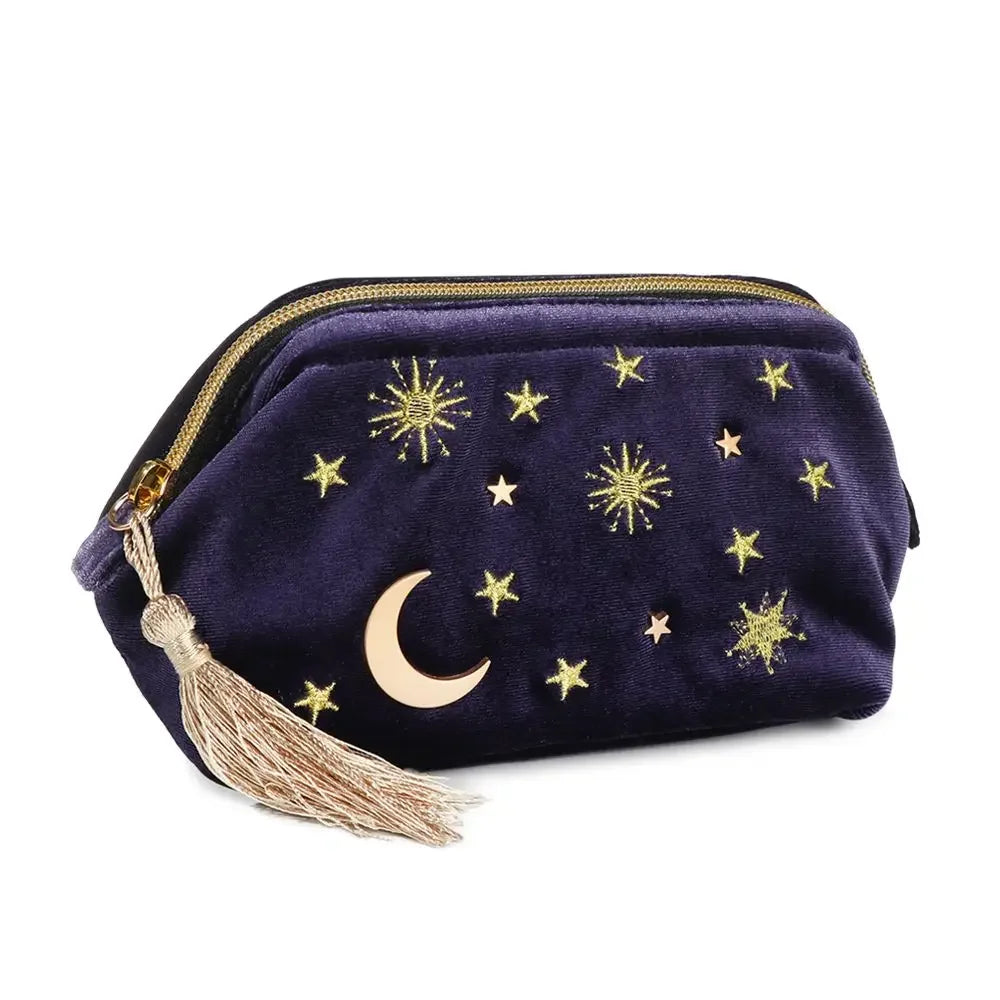 Luxury velvet cosmetic bag with gold star and moon embroidery, tassel zipper