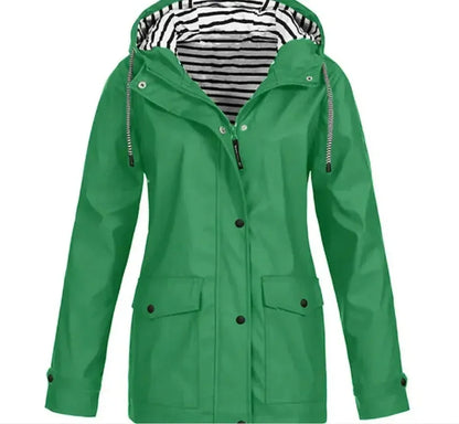 Green women's hooded trench coat with striped lining and front pockets