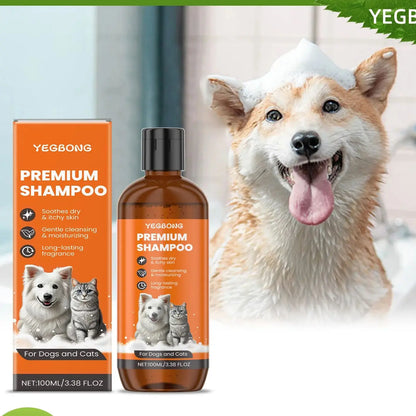 Yegbong premium pet shampoo for dogs and cats with moisturizing formula, shown next to happy wet dog