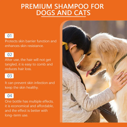 Premium shampoo benefits for dogs and cats with a child gently touching a golden retriever