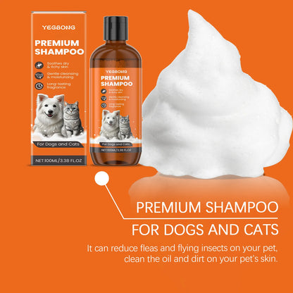 Yegbong premium shampoo bottle and box for dogs and cats with foam on orange background