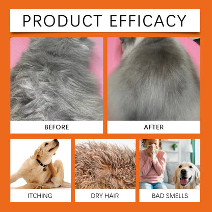 Before and after shots showing improved pet fur condition, with images illustrating itching, dry hair, and bad smells