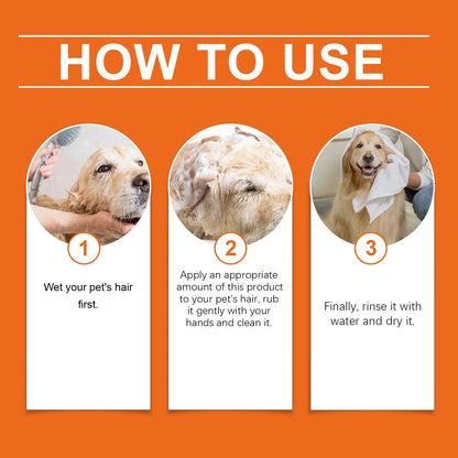 Step-by-step guide showing a Golden Retriever being wet, shampooed with foam, and dried with a towel