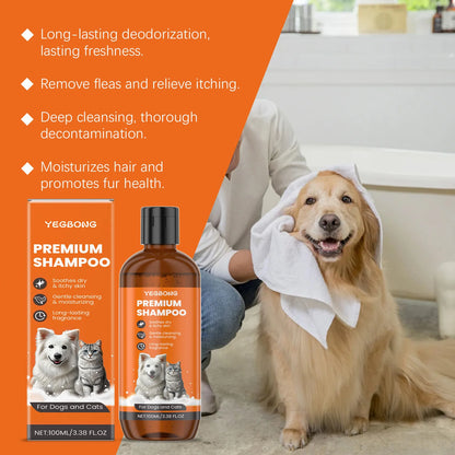 Yegbong premium shampoo for dogs and cats with long-lasting deodorization, flea removal, and moisturizing benefits shown with happy golden retriever