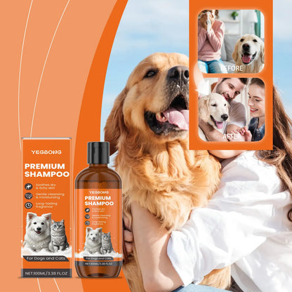 Yegbong Premium Shampoo for dogs and cats with packaging, happy golden retriever, before and after use images