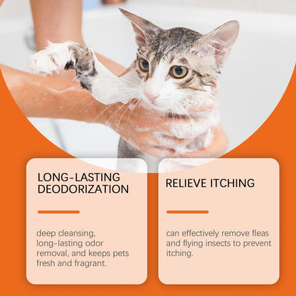 Wet tabby cat being bathed with foamy shampoo by hands, highlighting pet shampoo benefits like deodorization and itch relief