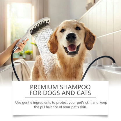 Golden retriever being bathed with gentle water flow from a shower brush