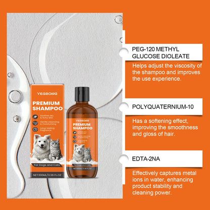 Yegbong Premium Shampoo bottle and box for dogs and cats with benefits and ingredients listed on orange background