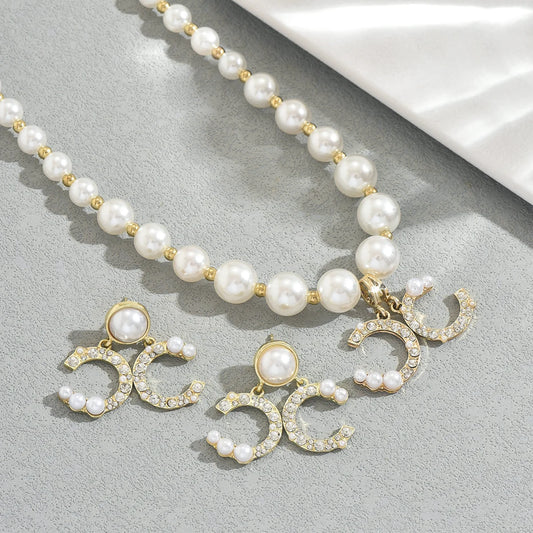 Pearl Rhinestone Necklace & Earring Set