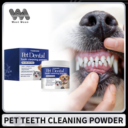 Pet Dental tooth cleaning powder for cats and dogs with tartar and plaque control shown next to a close-up of a dog's clean teeth