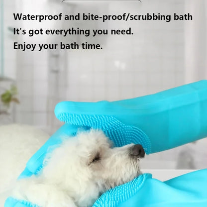 Bright blue waterproof pet grooming gloves scrubbing a fluffy white dog in bathroom