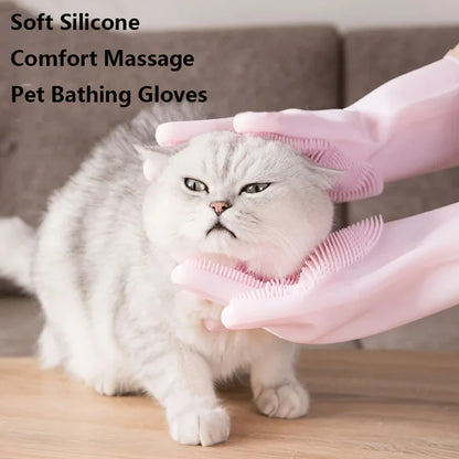 White cat being gently groomed with soft silicone pet bathing gloves on a wooden surface