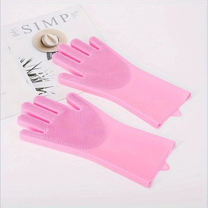 Pair of pink silicone pet grooming gloves with soft bristles for cleaning and hair removal