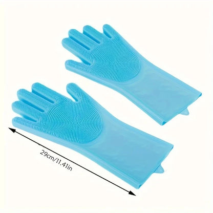 Pair of blue silicone pet grooming gloves with soft bristles, 29cm length, for animal hair removal