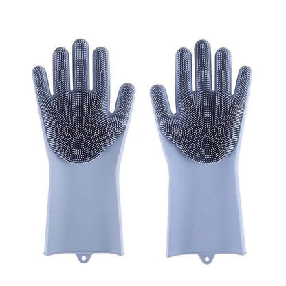 Pair of gray silicone pet grooming gloves with soft bristles for cleaning and deshedding