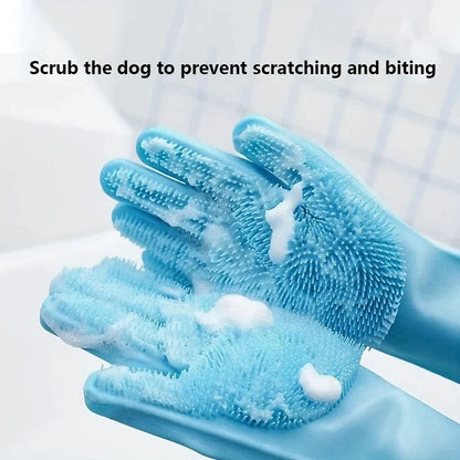 Blue silicone pet grooming gloves with soft bristles and soap foam for dog cleaning