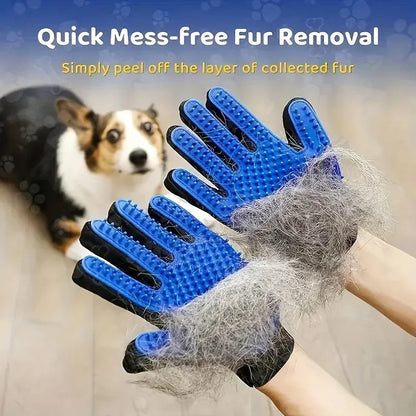 Blue pet grooming gloves with collected fur, person holding, dog in background, fur removal tool