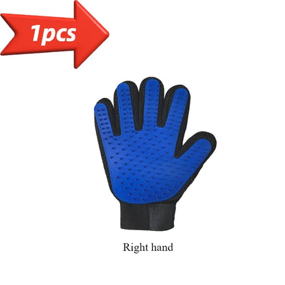Blue and black right-hand pet grooming glove with soft rubber tips for gentle deshedding, 1 piece