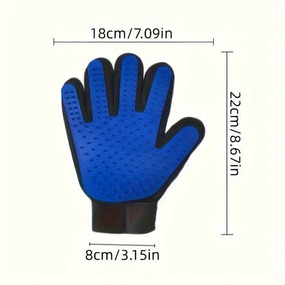 Blue and black pet grooming deshedding glove with measurements on white background