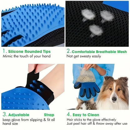 Blue pet grooming glove with silicone tips, breathable mesh, adjustable strap, designed for easy hair removal on dogs and cats