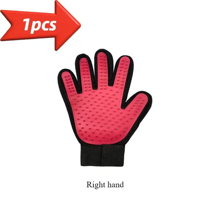 Red and black right-hand pet grooming glove with soft rubber bristles for gentle deshedding