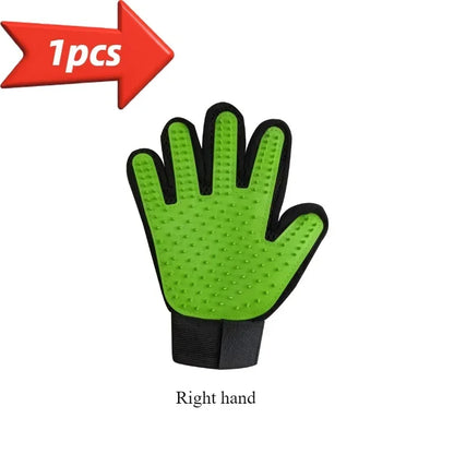 Green pet grooming glove with rubber bristles for deshedding, right hand, with black wrist strap