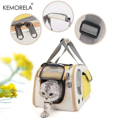 Portable grey and yellow pet travel carrier with zipper, adjustable strap, and a cat stepping out