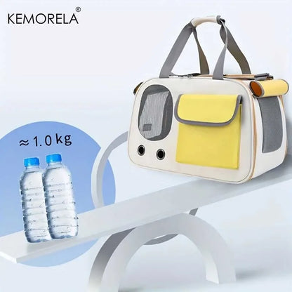 Lightweight portable pet carrier bag with yellow pocket and mesh sides, weighing about 1 kg
