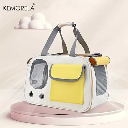 Portable pet travel carrier bag in white and yellow with mesh windows and gray straps